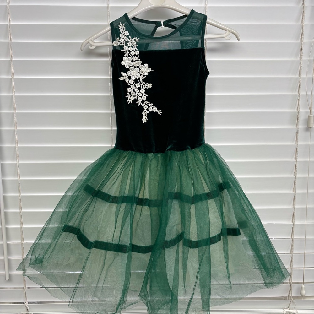 Weissman Green Velvet Ballet Costume with White Floral Applique